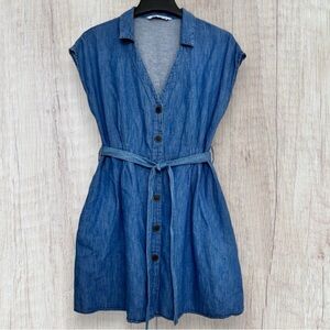 ZARA Lightweight Denim Belted Shirt Dress Pockets Women's L B2